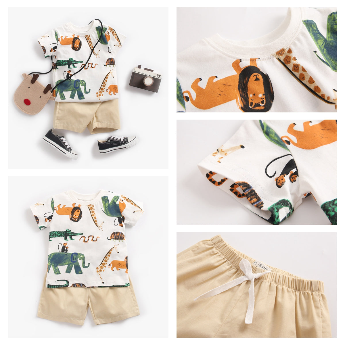 Cotton 2 pcs set Short and Top Animal series  (White)