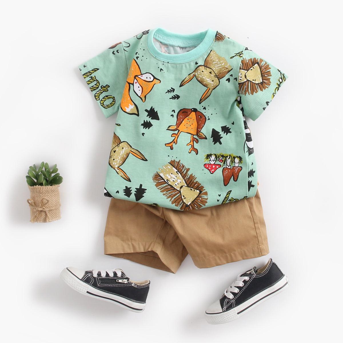 Cotton 2 pcs set Short and Top Animals series (Pastel Green)