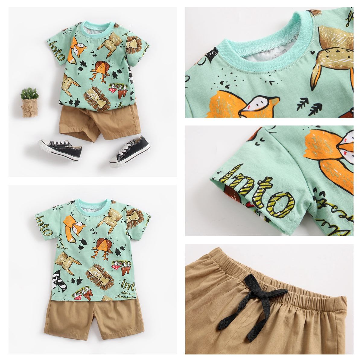 Cotton 2 pcs set Short and Top Animals series (Pastel Green)