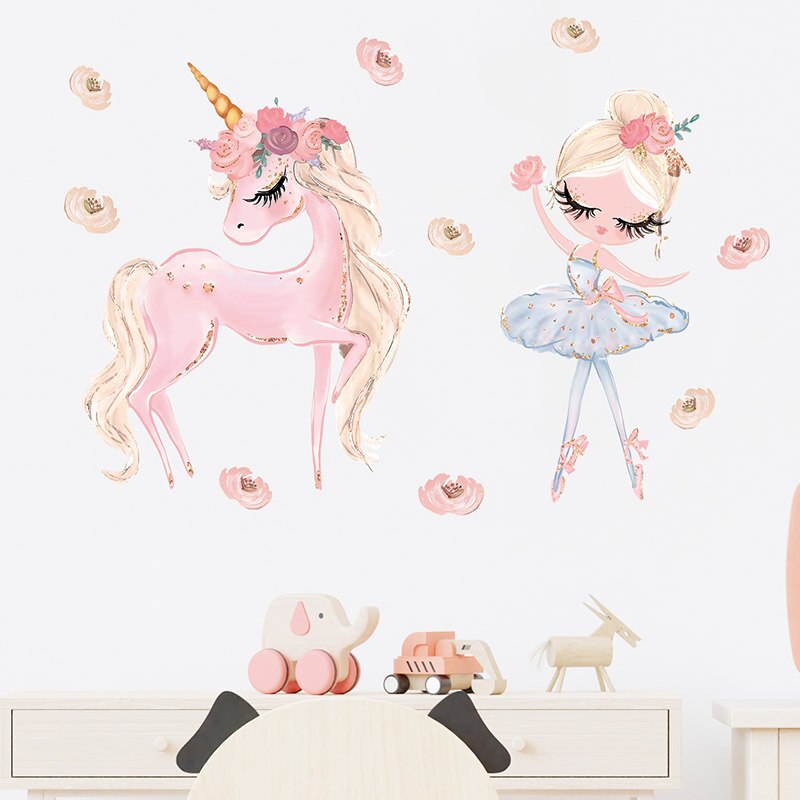 Pink Unicorn Ballet Girl Wall Stickers For Kids Room