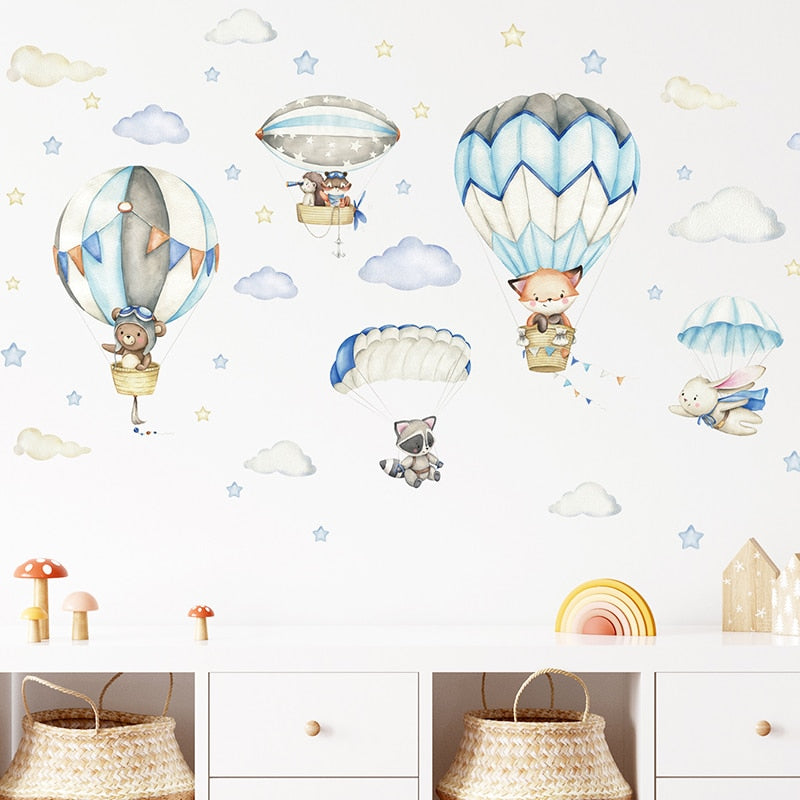 Watercolor Animals Hot Air Balloon Clouds Stickers for Kids Nursery