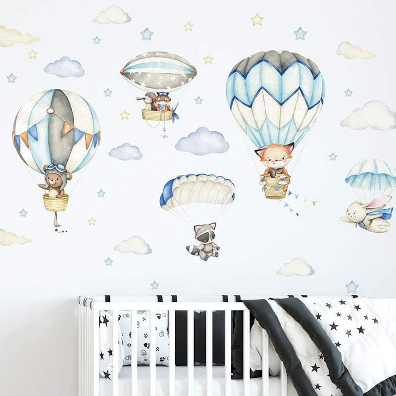 Watercolor Animals Hot Air Balloon Clouds Stickers for Kids Nursery