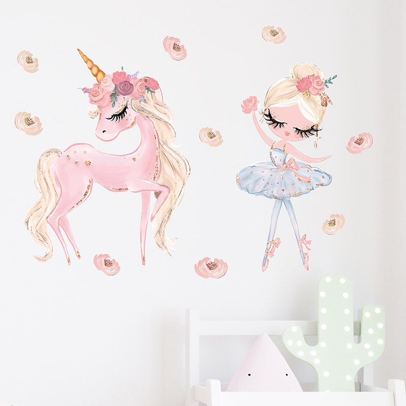 Pink Unicorn Ballet Girl Wall Stickers For Kids Room