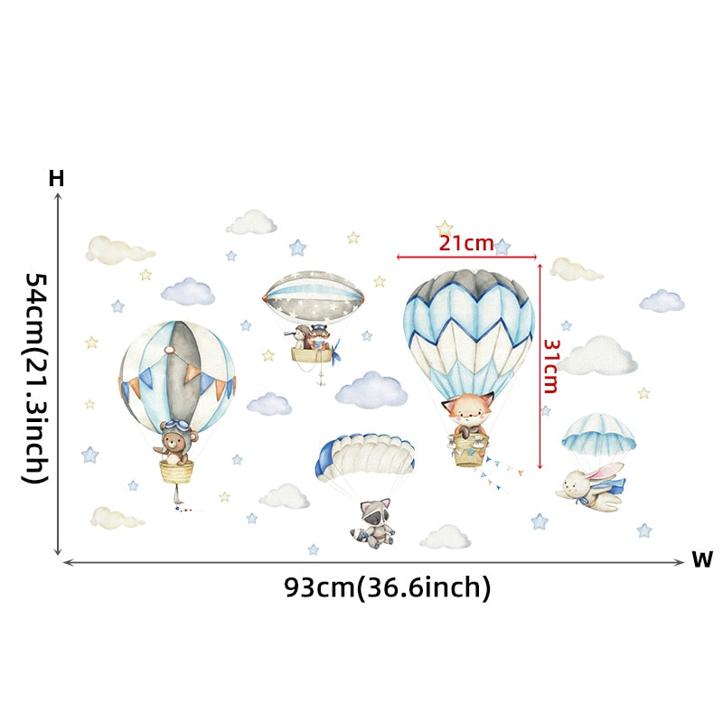 Watercolor Animals Hot Air Balloon Clouds Stickers for Kids Nursery