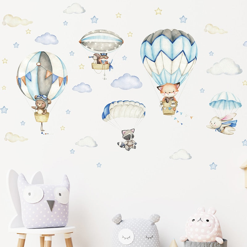 Watercolor Animals Hot Air Balloon Clouds Stickers for Kids Nursery