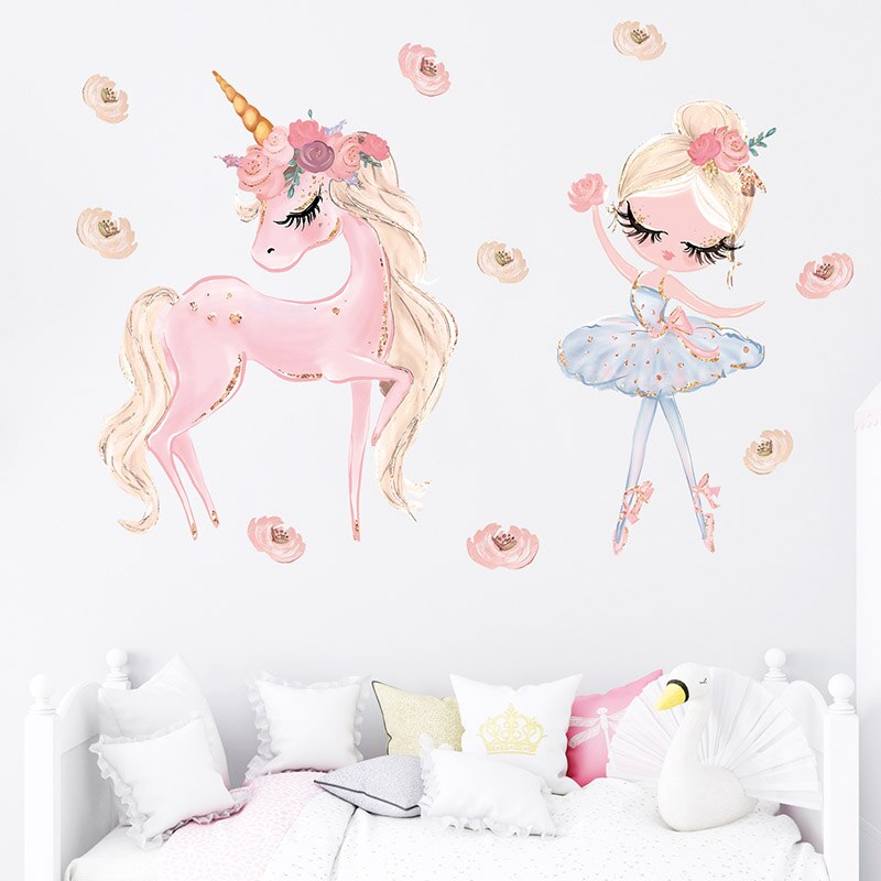 Pink Unicorn Ballet Girl Wall Stickers For Kids Room