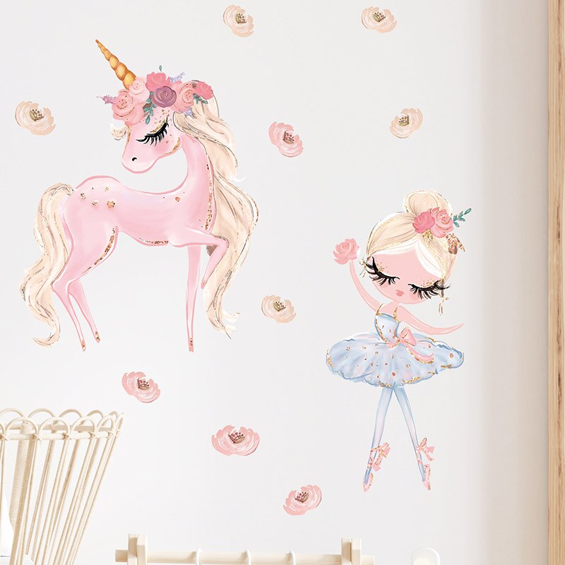 Pink Unicorn Ballet Girl Wall Stickers For Kids Room