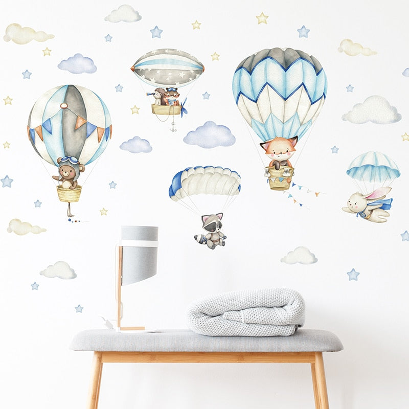 Watercolor Animals Hot Air Balloon Clouds Stickers for Kids Nursery