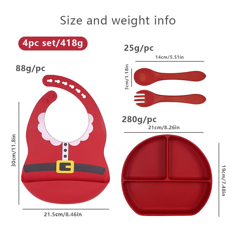 Christmas Baby Silicone Feeding Set with Kids Utensils and Bib