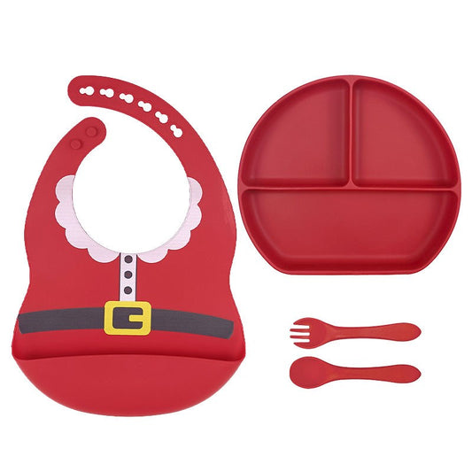 Christmas Baby Silicone Feeding Set with Kids Utensils and Bib