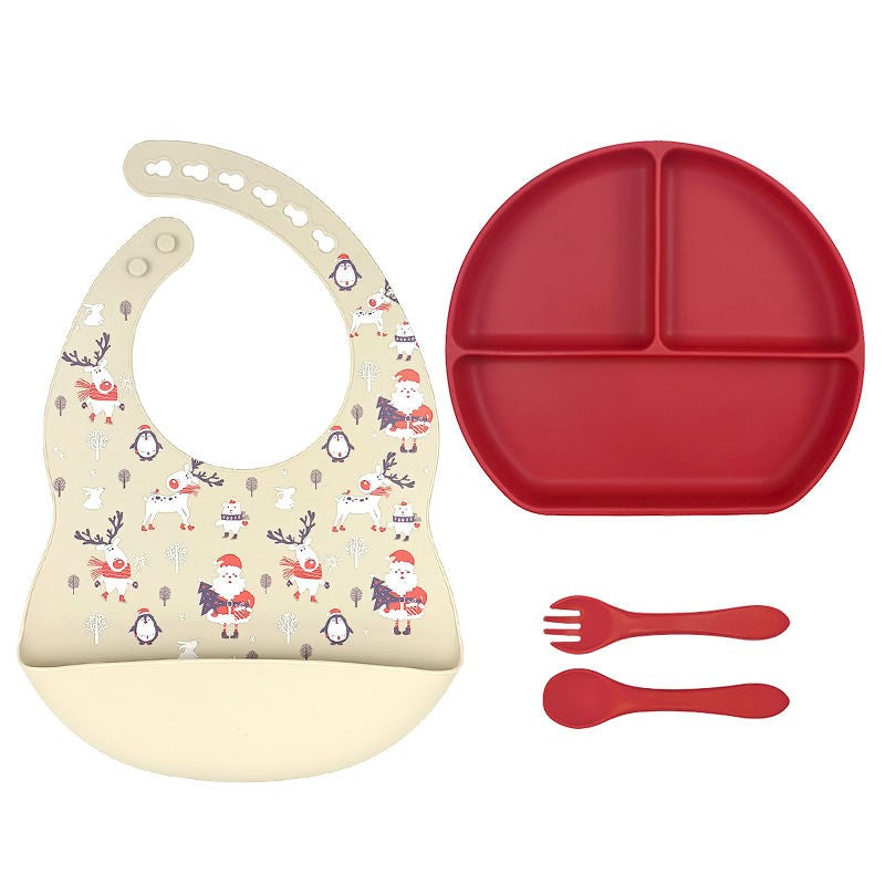 Christmas Baby Silicone Feeding Set with Kids Utensils and Bib