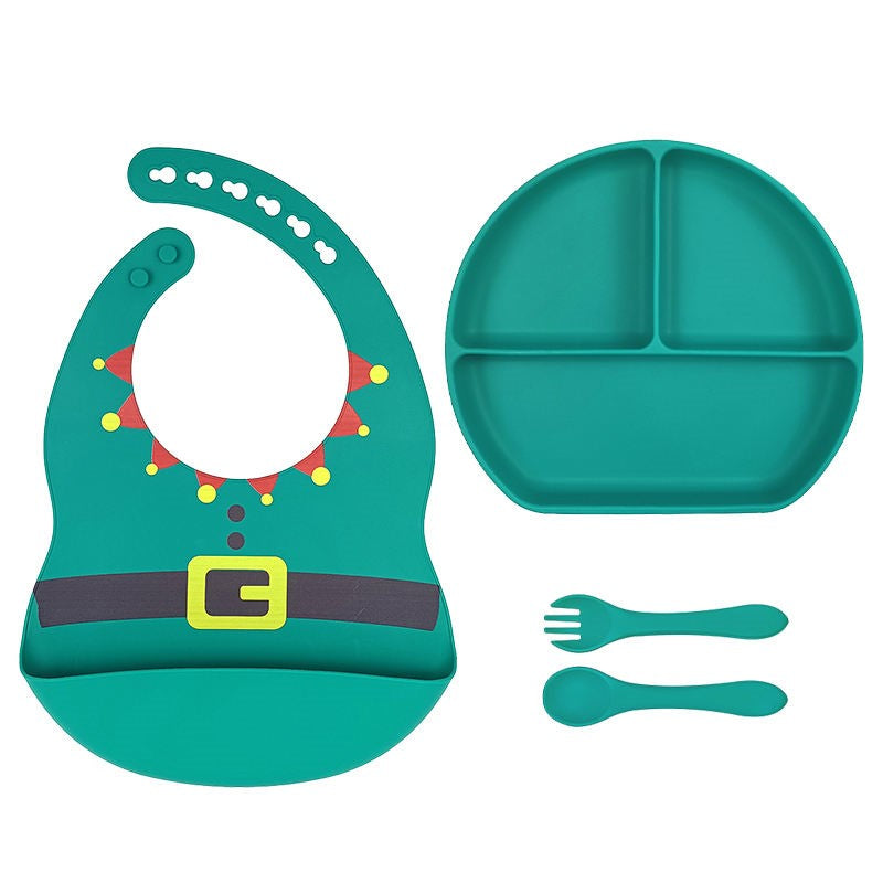 Christmas Baby Silicone Feeding Set with Kids Utensils and Bib